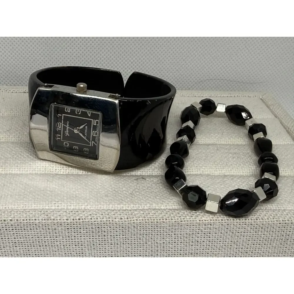 Geneva Platinum Black Cuff Watch + Handmade Beaded Bracelet Set